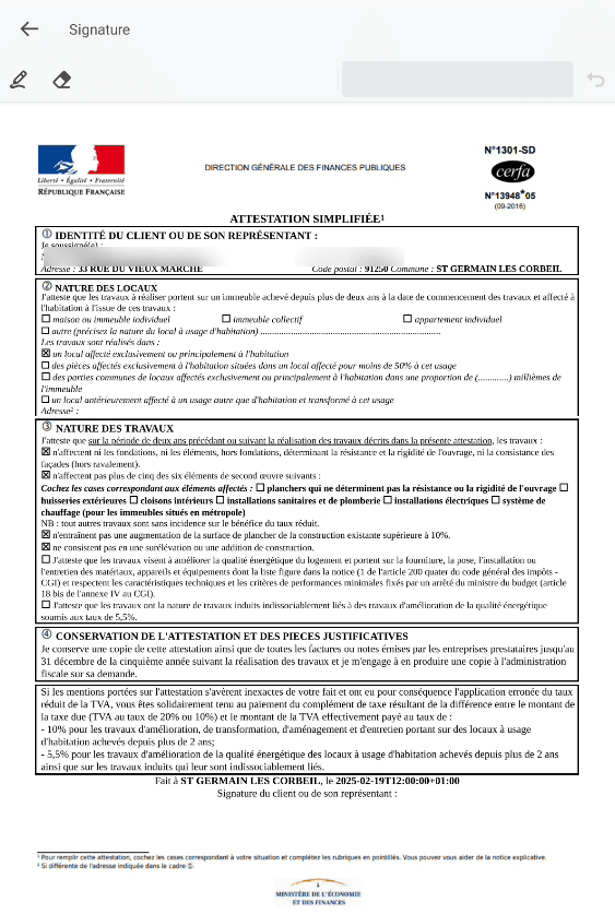 Signature de l'attestation de TVA sur l'écran du téléphone