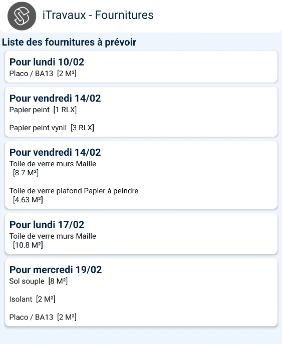 Liste des fournitures à prévoir pour les interventions de la semaine