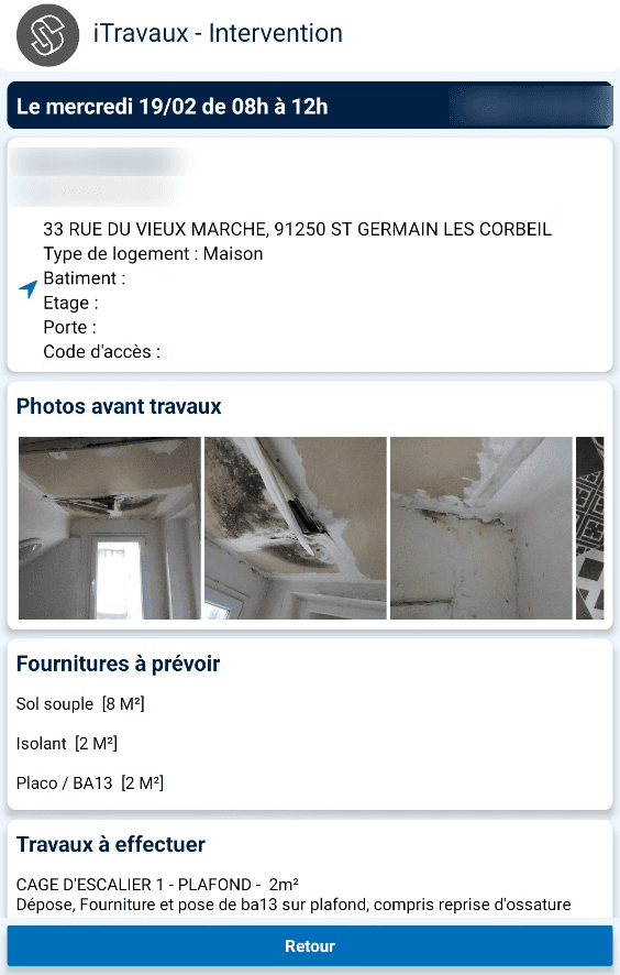Fiche d'intervention iTravaux : coordonnées, photos avant travaux, fournitures et travaux à effectuer