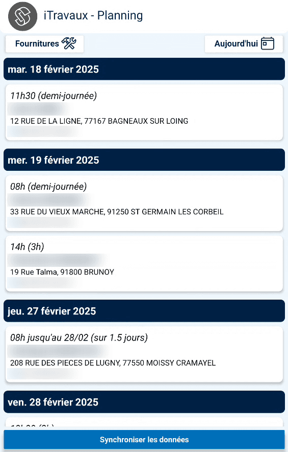 Écran planning d'iTravaux : liste des chantiers classés par journée